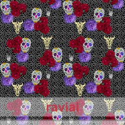 MASCARADA. Poplin fabric with roses and skull print 3,50cm. x 4,50cm. For sanitary material