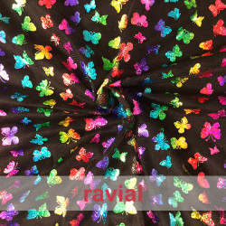 TORAJA. Tejido de tul estampado con mariposas de colores.