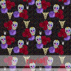 D-STRECH ESTP. Strech fabric. Skulls, polka dots and flowers print.