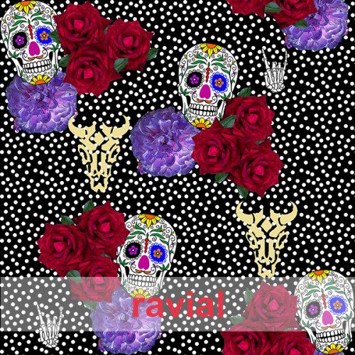 D-STRECH ESTP. Strech fabric. Skulls, polka dots and flowers print.