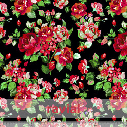 D-STRECH ESTP. Tissu en polyester avec fleurs imprimés. Fleur de grande taille de 7 cm.