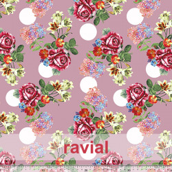 GUAJIRA. Soft techno-peach bi-elastic fabric, with floral and polka dot (4 cm) print.