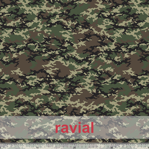 D-CROACIA HIDROFUGADO. Water-repellent neoprene fabric, with military print. It admits more than 50 washes at 60ºC.