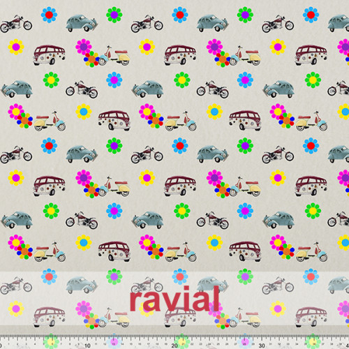 GOOFY. Soft fleece fabric. Hippy print with flowers and vehicles.