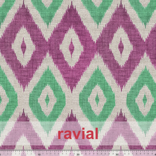 Tejido de poliéster anti manchas. Mantel con estampado llengo (estampado geométrico mallorquín).