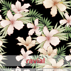 Tejido de mucha caída con estampado de flores y hojas.