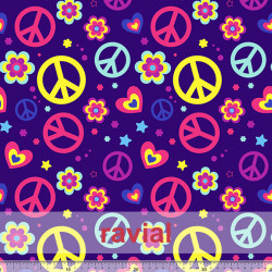 Tejido de poliéster con estampado hippy: flores y símbolo de la paz.