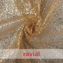 FANTASIA JAN. Net fabric with irregular sized glitter ornaments.
