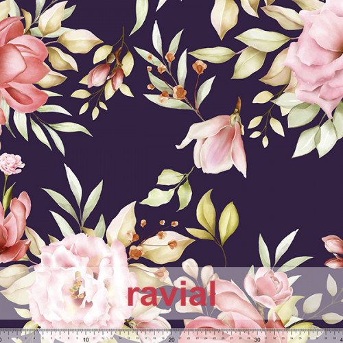 Crep-Georgette elástico (estira en un sentido). Tejido reciclado, ligero y muy agradable con estampado de flores.