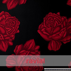 NATASHA. Tissu crêpe avec beaucoup de tombé, parfait pour robes de flamenco. Avec motif roses rouges.