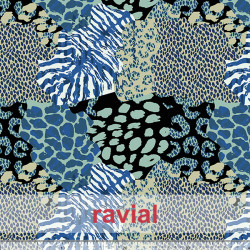 Tejido de terciopelo con algo de elasticidad y estampado animal print estilo collage.