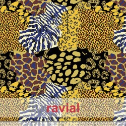 Tejido de terciopelo con algo de elasticidad y estampado animal print estilo collage.