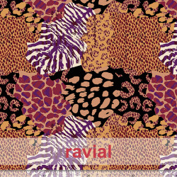 Tejido de terciopelo con algo de elasticidad y estampado animal print estilo collage.