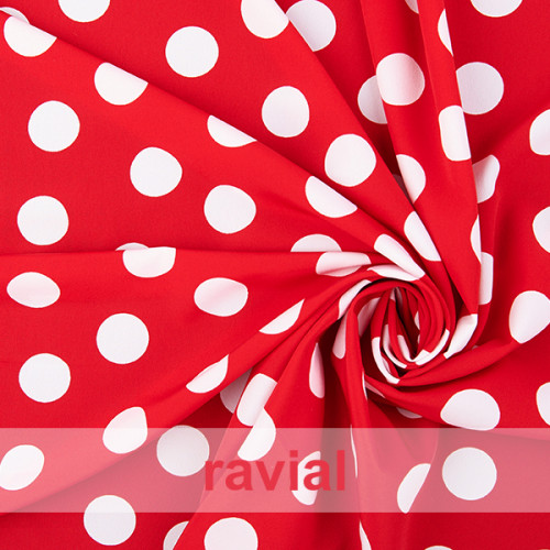 NATASHA. Tissu crêpe avec beaucoup de tombé, parfait pour robes de flamenco. Imprimé à pois fins de taille moyenne de 2.75 cm.