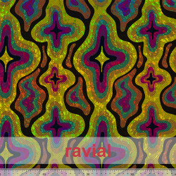 Tejido de punto con elastano y base holograma con estampado abstracto.