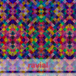 Tejido de punto con elastano y base holograma con estampado geométrico abstracto.