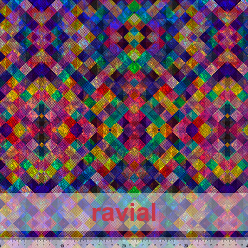 Tejido de punto con elastano y base holograma con estampado geométrico abstracto.