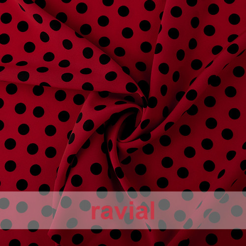 NATASHA. Tela de crespón con mucha caída, perfecta para trajes de flamenca. Estampado lunares de 1,50 cm.