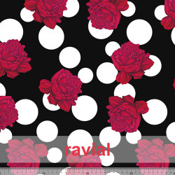 Tejido de raso con estampado de flores y lunares irregulares.