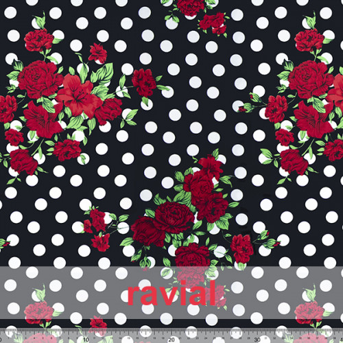 Tejido de raso con estampado de flores y lunares de 1,50 cms. aprox.