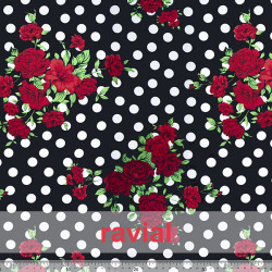 Tejido de raso con estampado de flores y lunares de 1,50 cms. aprox.