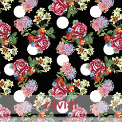 Tela de crespón con mucha caída. Estampado de flores y lunares.