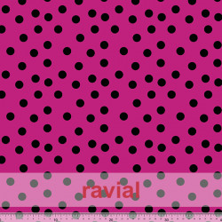 Tejido de punto elástico estampado (punto de seda). Lunares de 1,50 cms.