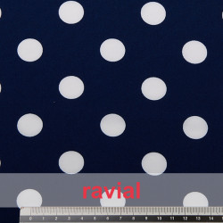 Tejido de crep un poco elástico, estampado con lunares de 1,90 cm.