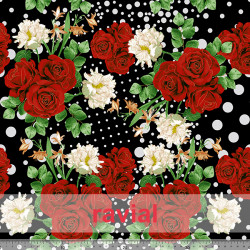 Tela de crespón con mucha caída. Estampado de flores y lunares pequeños (entre 0,20 y 1,50 cms)