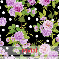 Tela de crespón con mucha caída. Estampado de flores y lunares de 2,00 cms.
