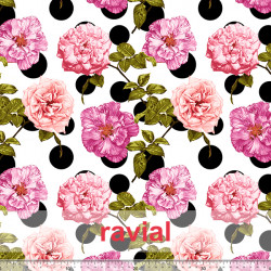Tela de crespón con mucha caída. Estampado de flores y lunares de 3,00 y 4,00 cms.