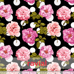 Tela de crespón con mucha caída. Estampado de flores y lunares de 3,00 y 4,00 cms.