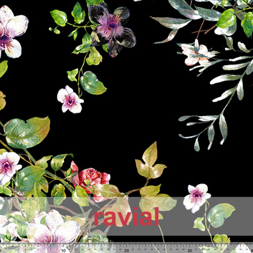 Tela de crespón con mucha caída. Estampado de lunares de flores.