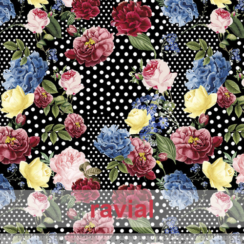 Tela de crespón con mucha caída. Estampado de flores y lunares entre 0,40 y 0,80 cms.