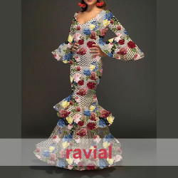 Tela de crespón con mucha caída. Estampado de flores y lunares entre 0,40 y 0,80 cms.