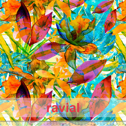 Tejido doble georgette. Estampado de hojas. Tropical.