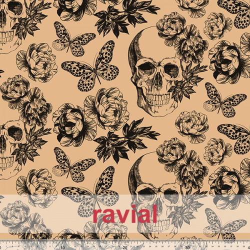 Tejido de tul elástico. Estampado de mariposas y calaveras.