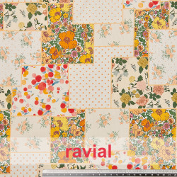 Tejido de algodón con estampado digital de cuadros estilo patchwork.