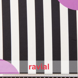 Tejido de punto con estampado de rayas de 2 cm y lunares de 12 cm.