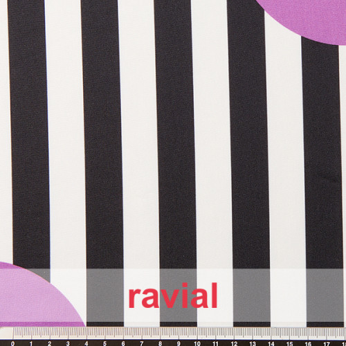 Tejido de punto con estampado de rayas de 2 cm y lunares de 12 cm.
