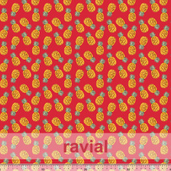 Tela de raso con poca caída. Estampado de piñas.