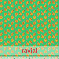 Tela de raso con poca caída. Estampado de piñas.