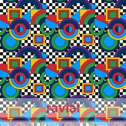 Tela de raso con poca caída. Estampado geométrico con fondo de cuadros de 1,00 cms.