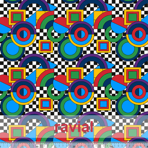 Tela de raso con poca caída. Estampado geométrico con fondo de cuadros de 1,00 cms.