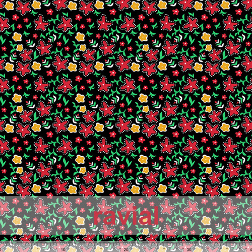 Tela de raso con poca caída. Estampado de florecitas.