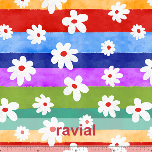 Tejido de poliéster estampado de flores con fondo de rayas de aprox. 5,50 cms.