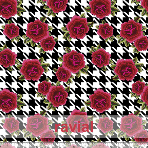 Tejido de poliéster estampado de flores con pata de gallo.