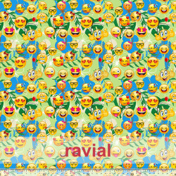 D-STRECH ESTP. Tejido de poliéster estampado de emoticonos con fondo tropical.