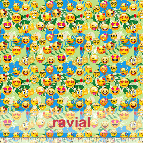 D-STRECH ESTP. Tejido de poliéster estampado de emoticonos con fondo tropical.