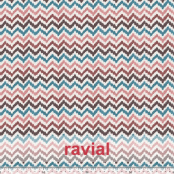 Tejido apariencia lino, reciclado. Estampado geométrico de rayas haciendo zig-zag.